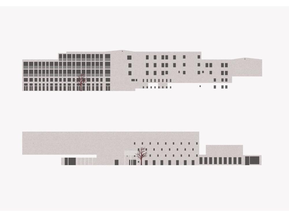 A computer generated unfolded elevation of the building, showing windows and doors as dark squares and rectangles