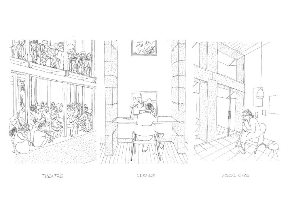 Three black on white line drawings, showing, L-R, the theatre, library, and social care spaces