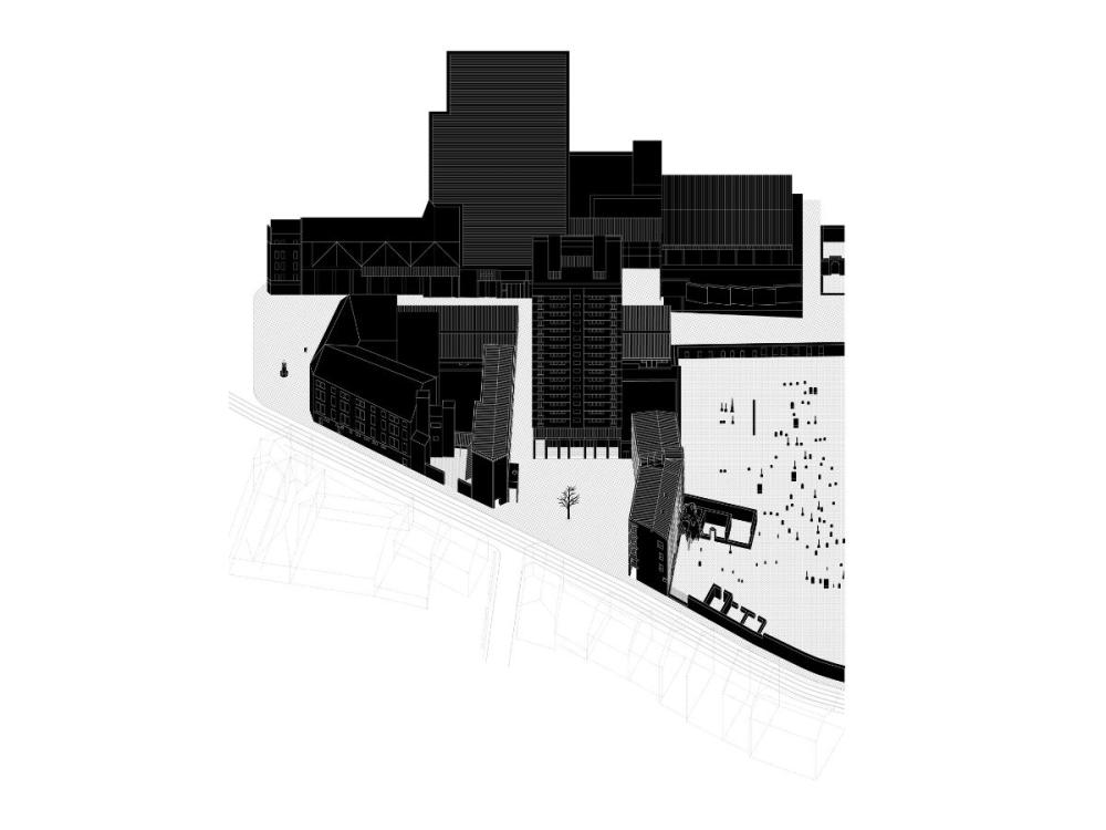 A planometric image of the building and its surroundings