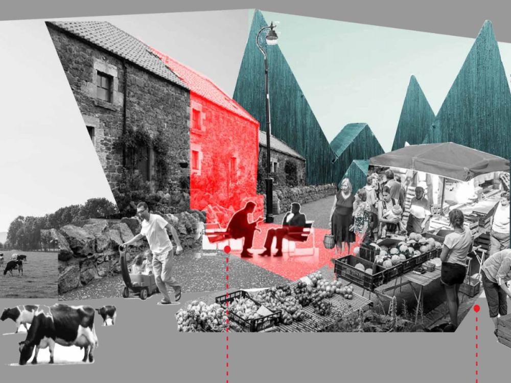 A visual collage depicting a utopian sustainable community