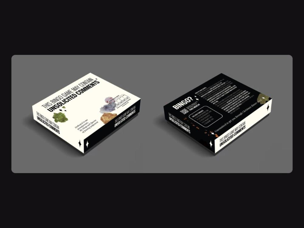 Two images of a mock-up box for the bingo game. They show the same box from two sides - the front is white, black text reads This bingo game may contain unsolicited comments. The back is black, with white text reading 'Bingo?' - there is also small print that's too small to read