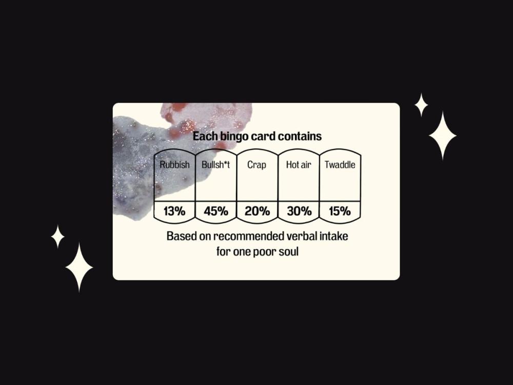 An information panel designed to look like the nutrition information panels often found on food packaging. It reads: Each bingo card contains Rubbish 13%, Bullsh*t 45%, Crap 20%, Hot air 30%, Twaddle 15%. Based on recommended verbal intake for one poor soul
