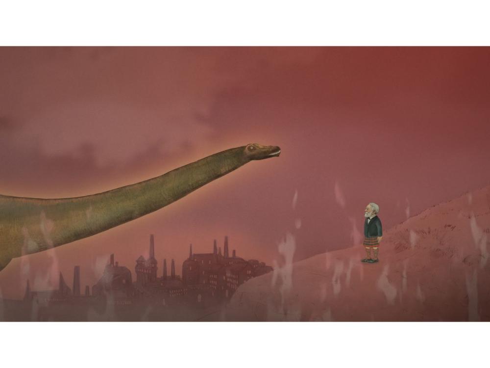 A still from an animation, showing the long-necked beast looking in from the left. Beneath him stands a bearded, grey-haired man in a kilt, on a hill. A city skyline of tall chimneys is silhouetted in the background.