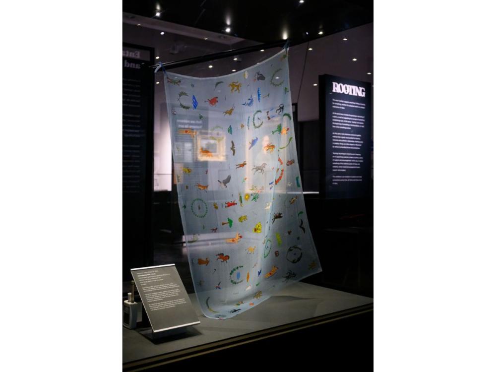 A sheer piece of blue cloth hanging from the ceiling in a dark room, with a series of coloured images on it, including people, animals and plants.