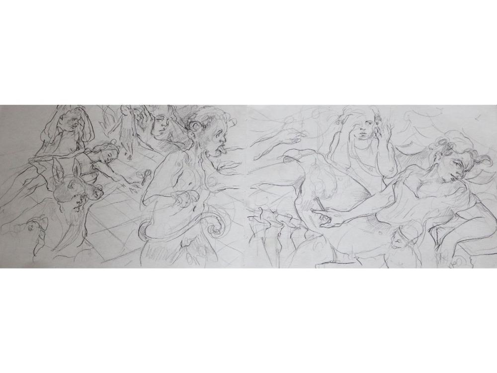 A drawing of numerous figures, overlapping one another