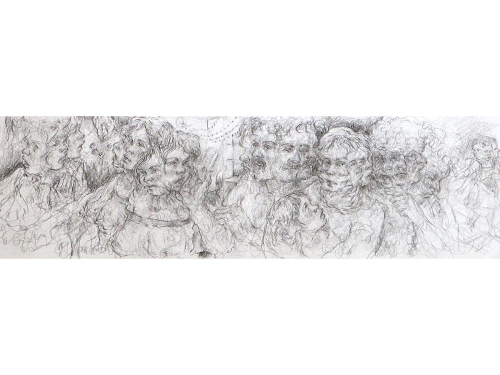 A drawing of numerous figures, repeated in a way which suggests movement