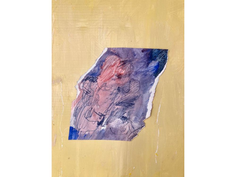 An abstract painting in blue and pink shades