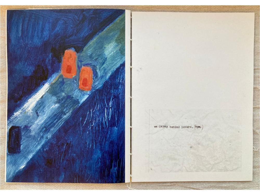 The left side is an abstract painting - a small, dark blue figure on a pale blue path, appears to be observing two orange figures. Typewritten text on the right side reads 'walking behind lovers (9pm)