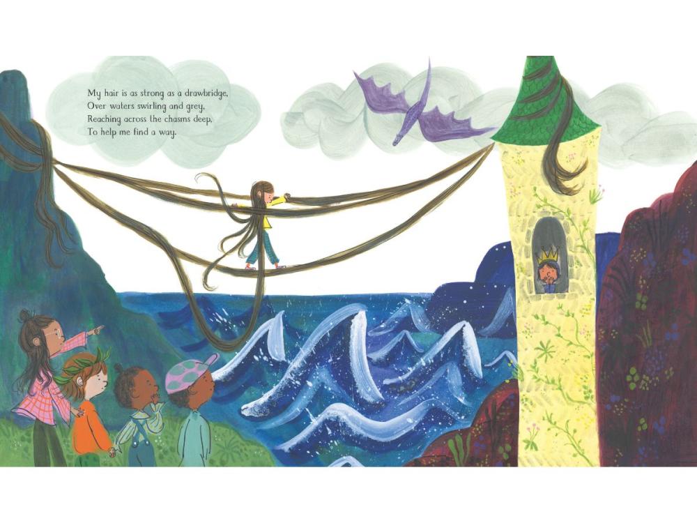 An illustrated page from My Hair is as Long as a River. A boy walks across a bridge made from his long hair, passing from a hillside, over choppy seas, to reach a tower. A person in a crown can be seen through the window of the tower; Smiling children look on and point at him as he goes. Text reads: My hair is a strong as a drawbridge, Over waters swirling and grey, Reaching across the chasms deep, To help me find a way.