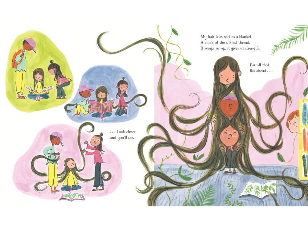 An illustrated page from My Hair is as Long as a River. There are several illustrations, showing a boy reading a book as his friends look on. In each illustration, his hair grows longer, until it envelops his two smiling friends. Text reads: Look close and you'll see. My hair is as soft as a blanket, a cloak of the silkiest thread, It wraps us up, it gives us strength, For all that lies ahead.