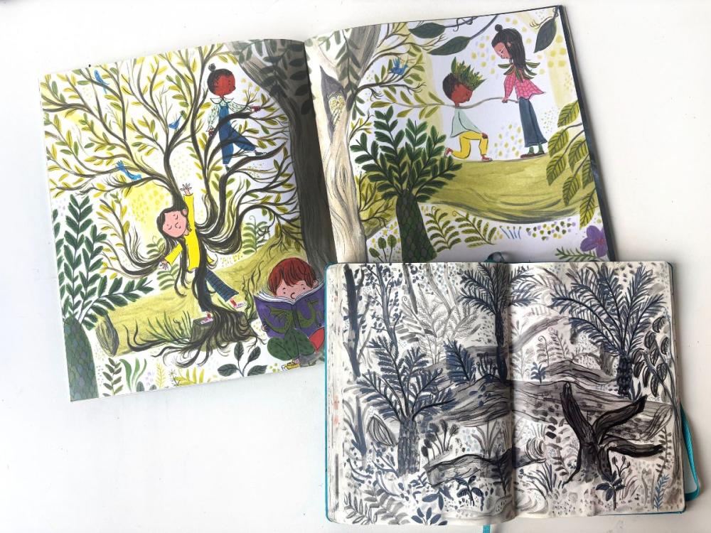 The 'forest' page from My Hair is as Long as a River, alongside a black and white sketchbook page of similar design, showing thick trees and foliage.