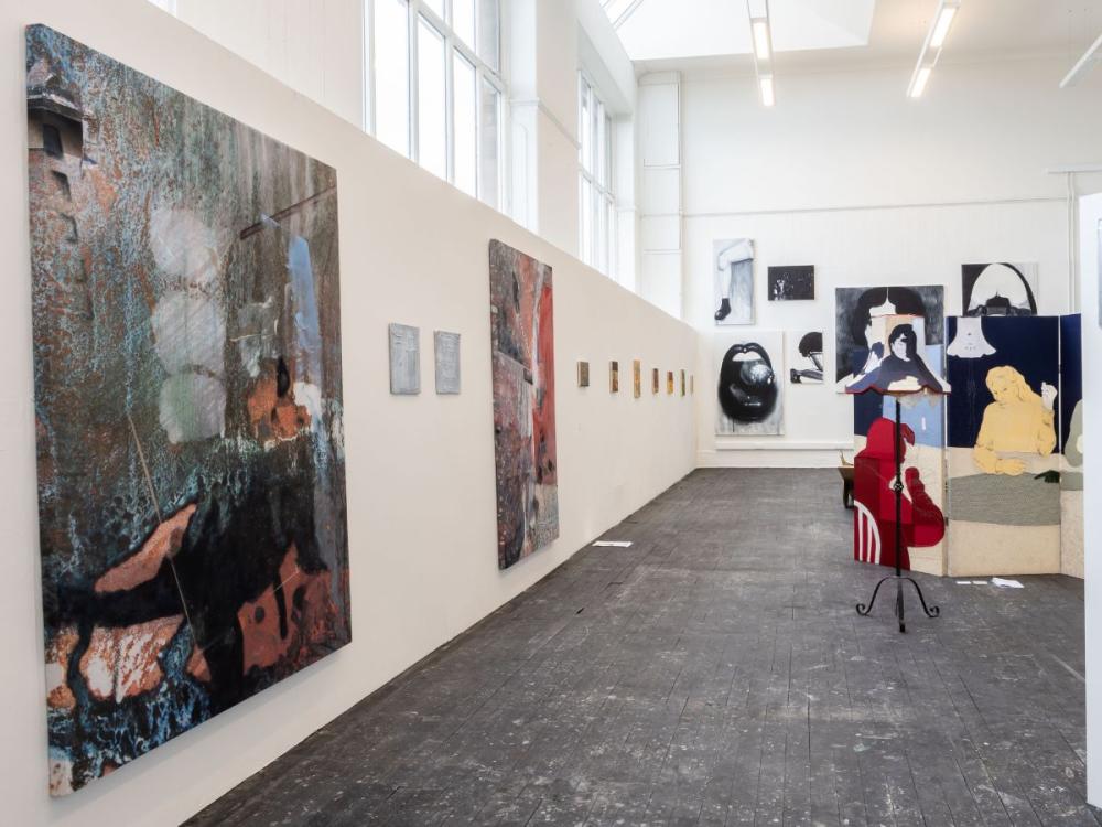 Large, abstract paintings hung on white gallery walls. Other paintings (not by Rosie) are visible in the background, along with a painted screen and standard lamp