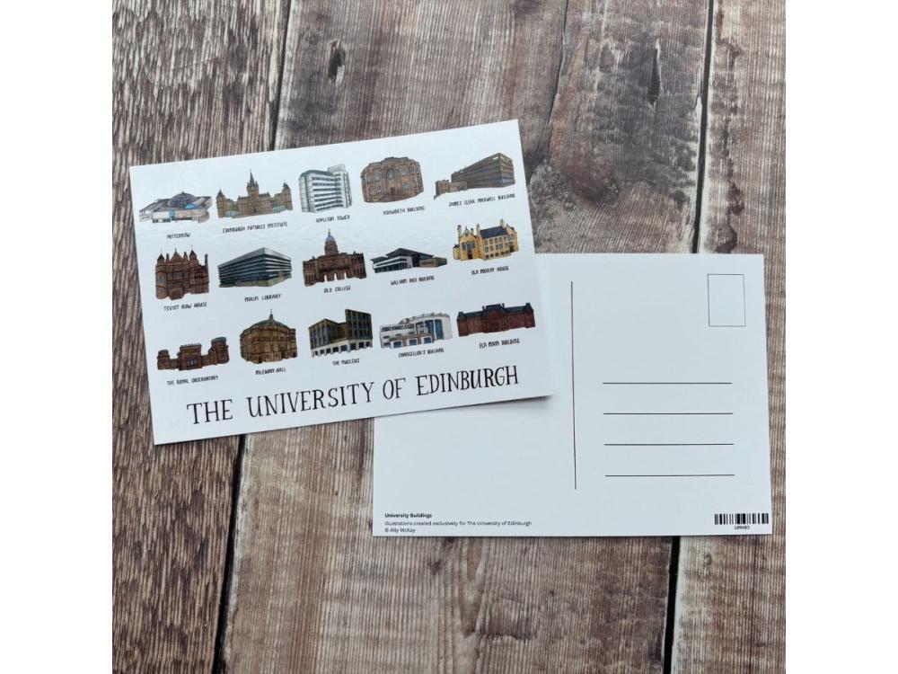 A postcard with 15 of the illustrations on, and 'The University of Edinburgh' written across the bottom