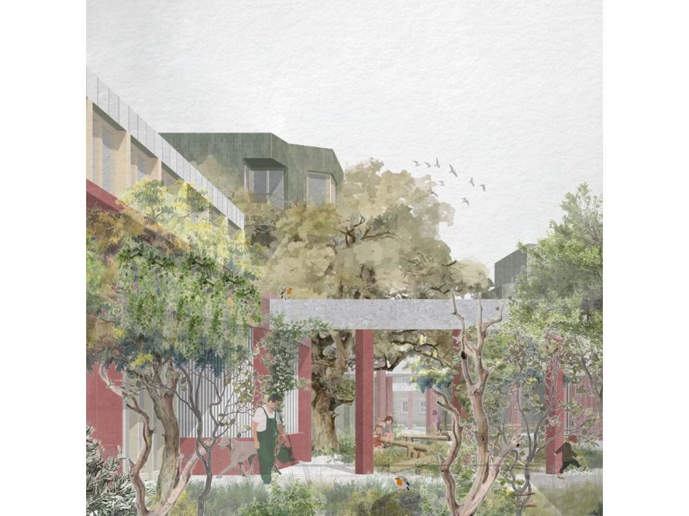 Generated image of a tree-filled courtyard outside a block of homes. A person is watering plants.