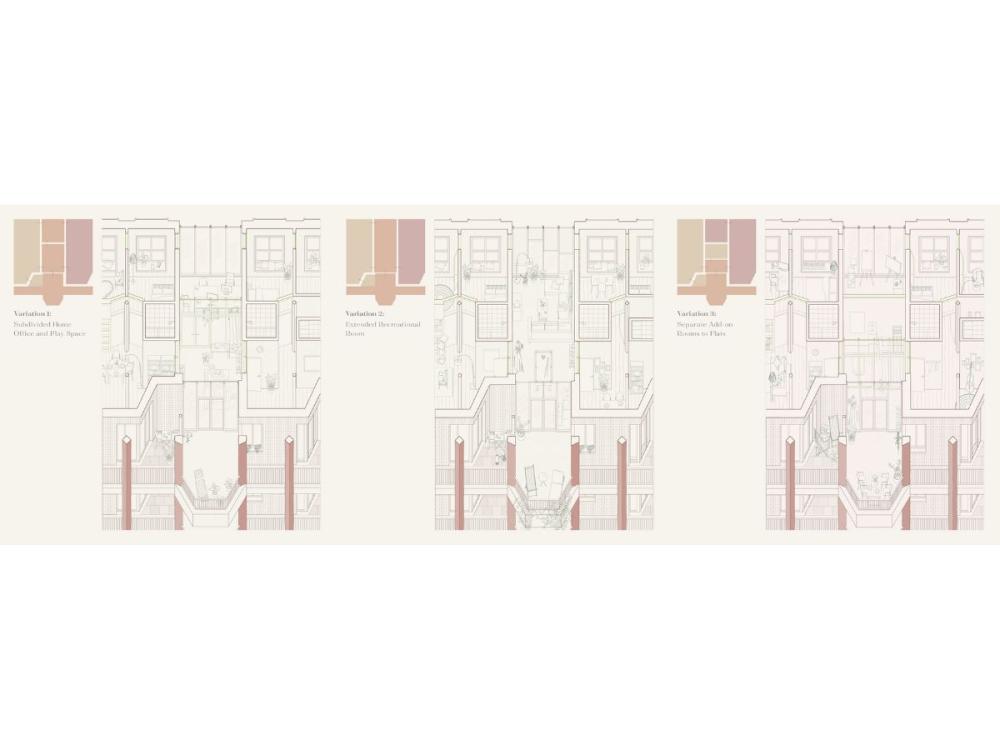 Three elevation/plans showing layouts for three variations of flats within the blocks