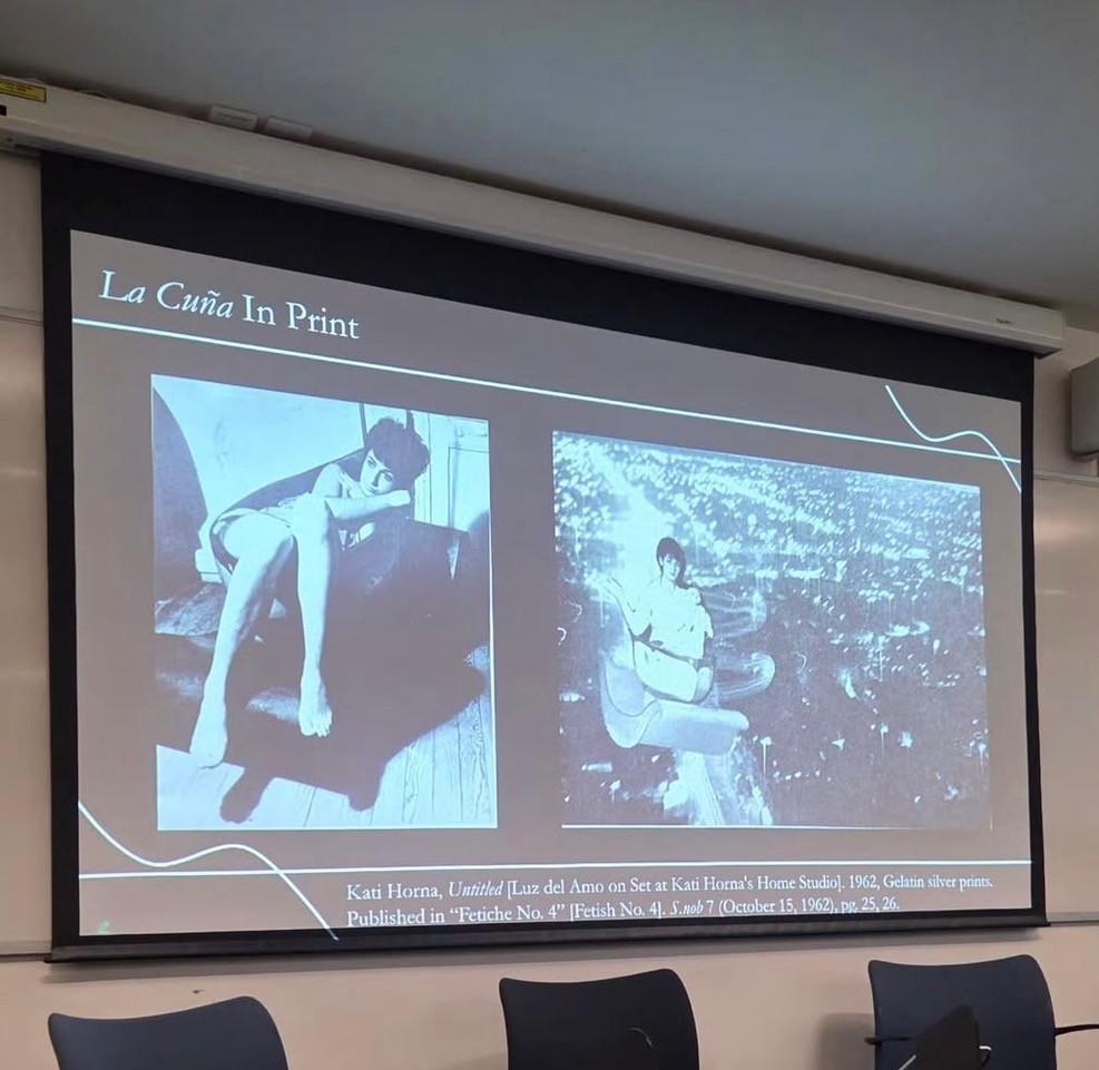 A photo of a projection screen with two black and white images on it with a woman sitting in a round object.