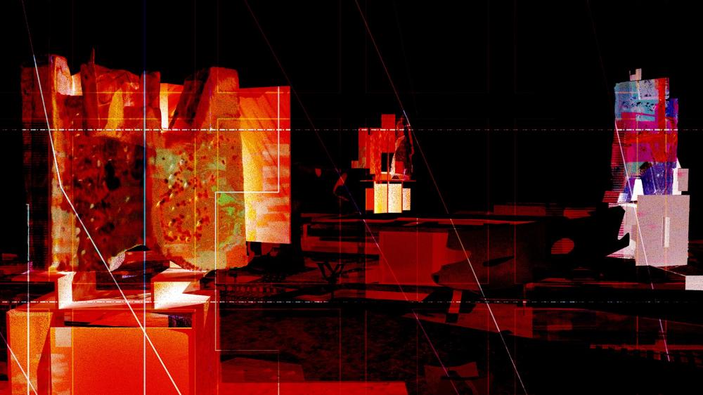A digital model, lit with red light, overlaid with projected drawings (multicoloured), focusing on scans of three terracotta masks.