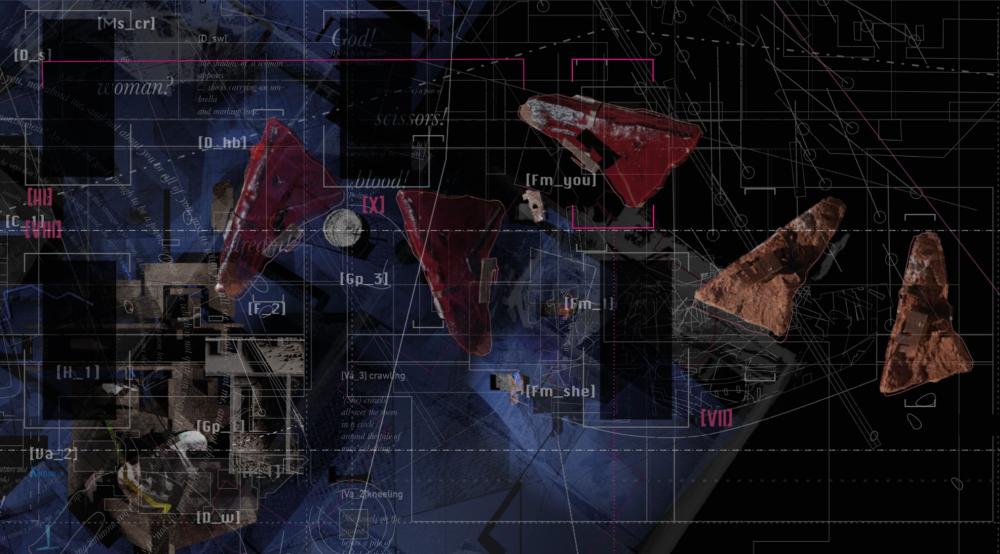 Composite drawing (white and pink line on blue ground), combining photographs of clay models, clay studies, text from a script, and line drawing.