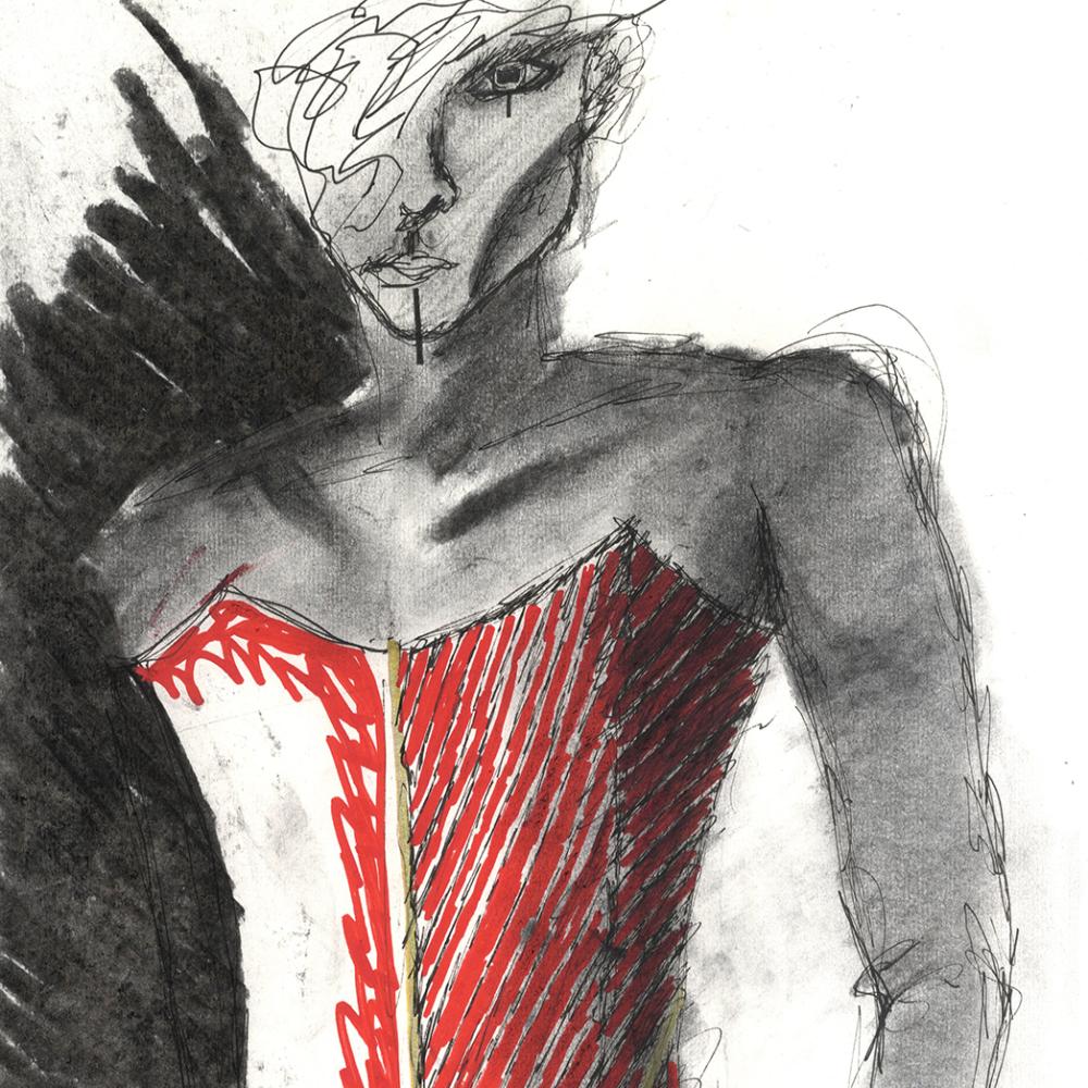 A dramatic fashion illustration in charcoal and mixed media. The model is looking straight ahead and their hair is over one side of their face. They are wearing a red corset.