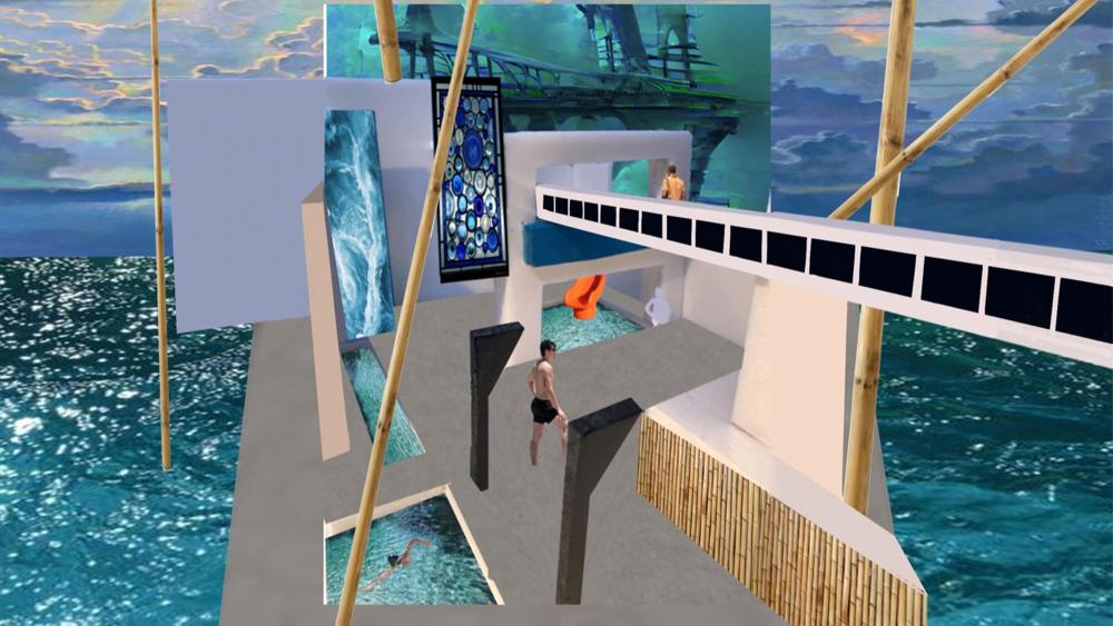 A digital collage conceptual image with ocean themes, bamboo, stained glass and 3D shapes.