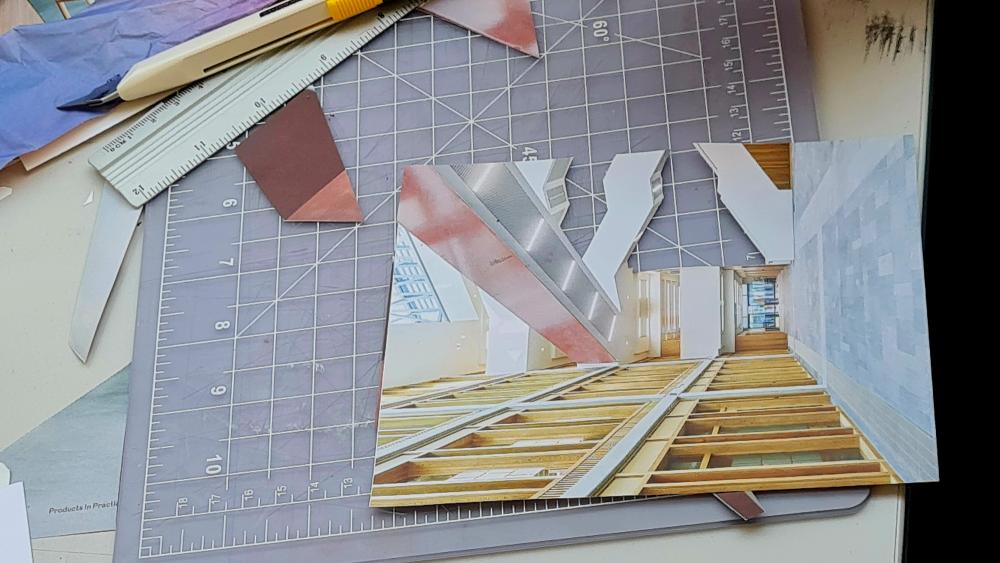 a collage being created on a desk with a stanley knife and ruler, showing an interior design concept.