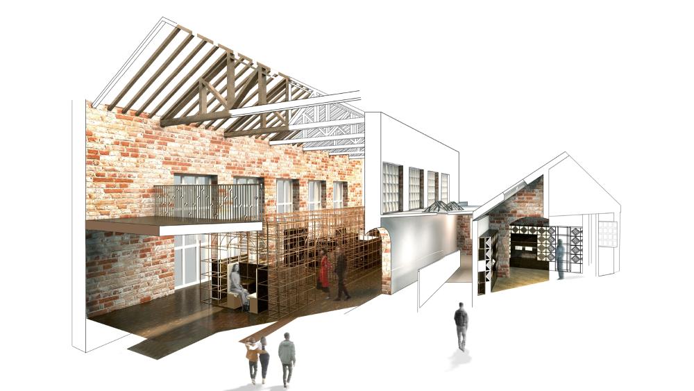 a 3D render of a large internal space with brick walls and beams, showing meeting spaces and a mezzanine, with people walking around.