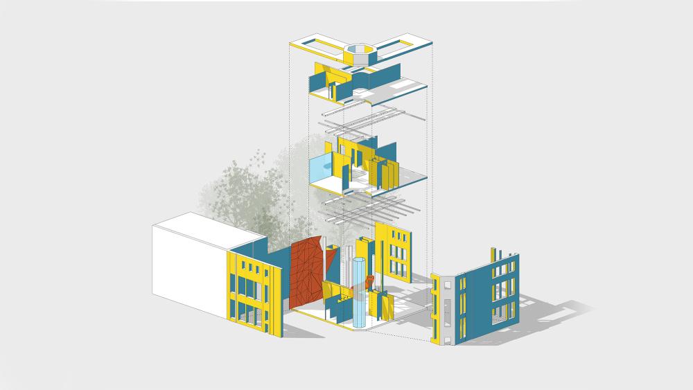 a simple graphic design of a multi-storey building, with white, yellow and blue used for the colours before a grey background.