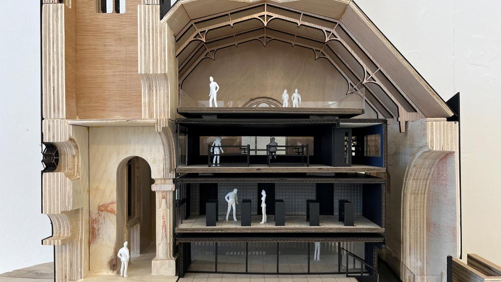 an interior design model building of Tron Kirk in Edinburgh, made of wood and card.