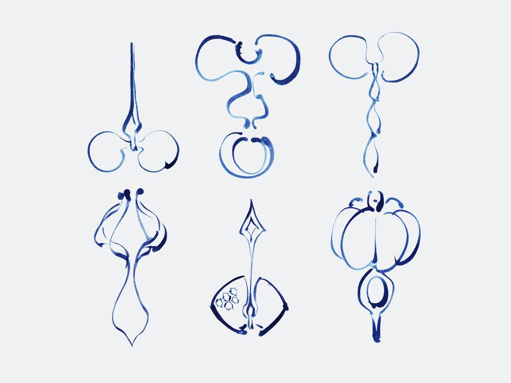 A Jewellery illustration showing a collection of rings and brooches arranged on a blue background.  