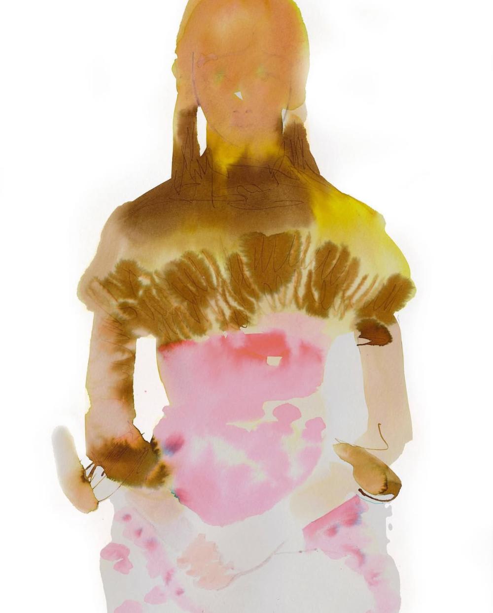 A painting of a girl in watercolours with the colours bleeding into each other. The top half of the girl is painted in golds and browns, and the lower half is pinks and white. She is looking at the viewer with her hands held together in front of her. 