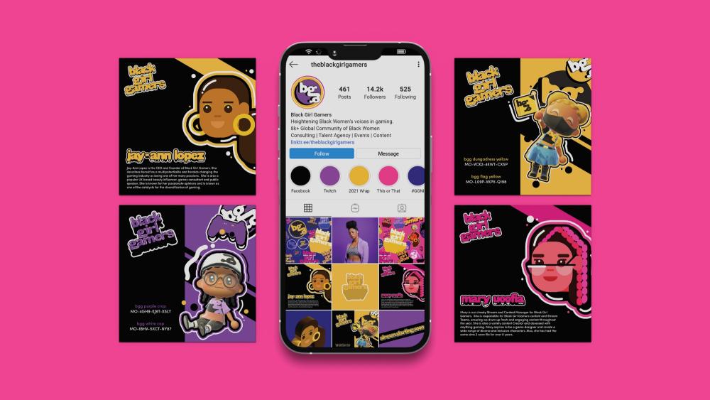 Concept art for an Instagram account called Black Girl Gamers with bright pinks, purples and oranges and a bold graphic style. 