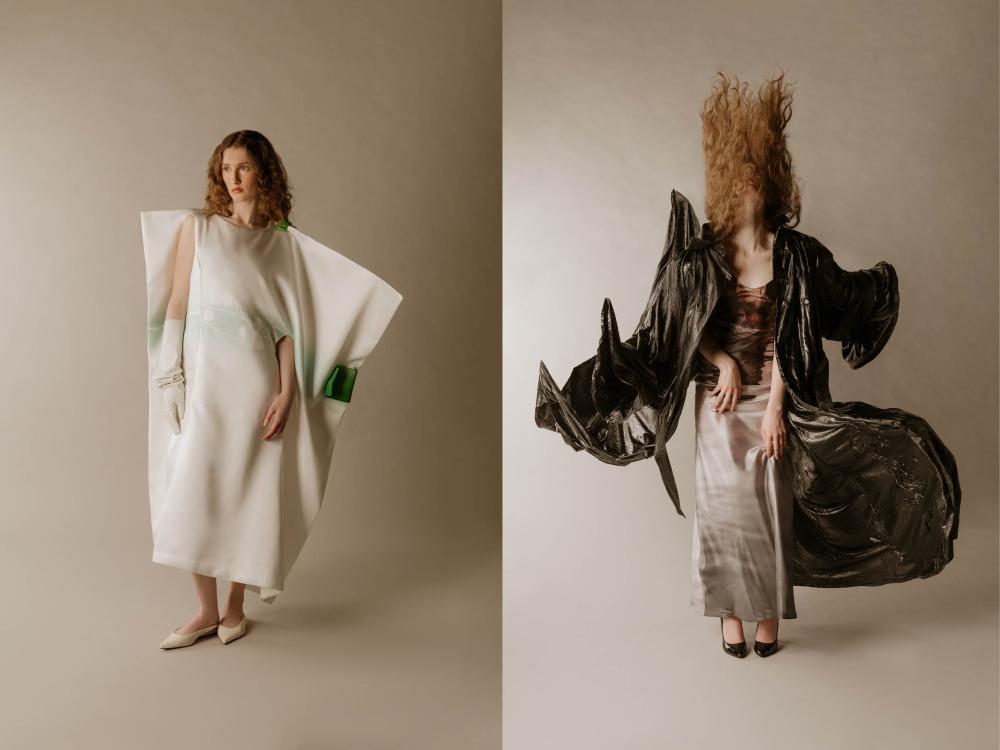 two photos of female models in high fashion pieces created by ECA students