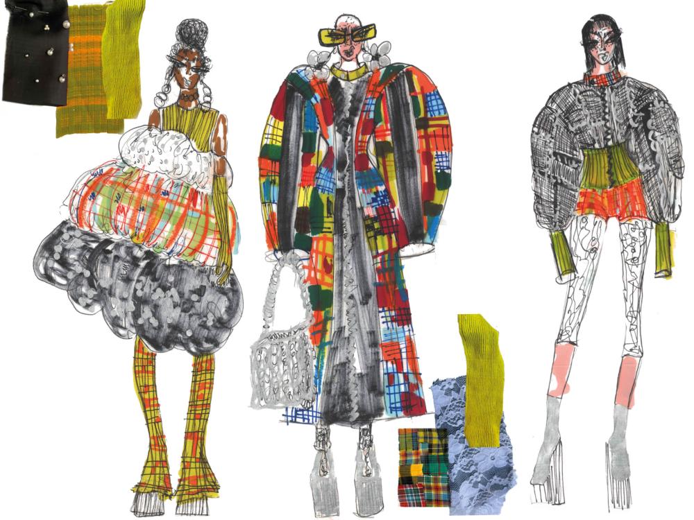 conceptual drawings of fashion pieces in oranges, reds and yellows, including an oversized coat with big shoulders and a silver bag