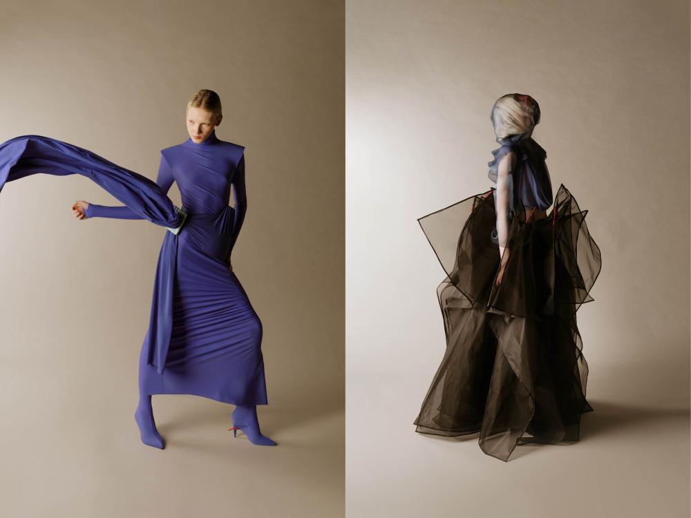 two photos of female models in high fashion pieces created by ECA students