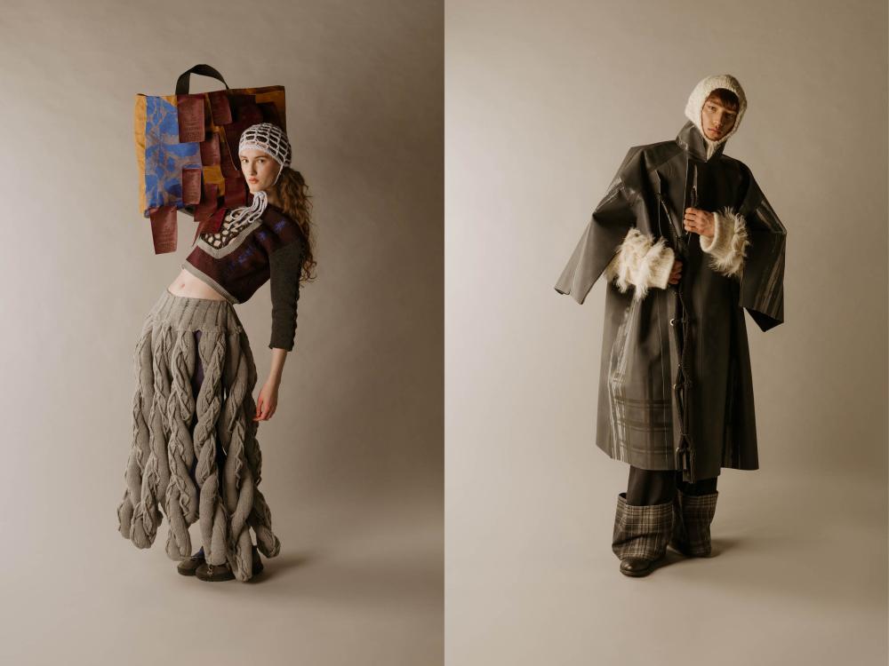 a female model and a male model in high fashion pieces created by ECA students