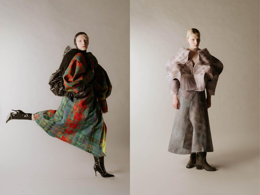 two photos of female models in high fashion pieces created by ECA students