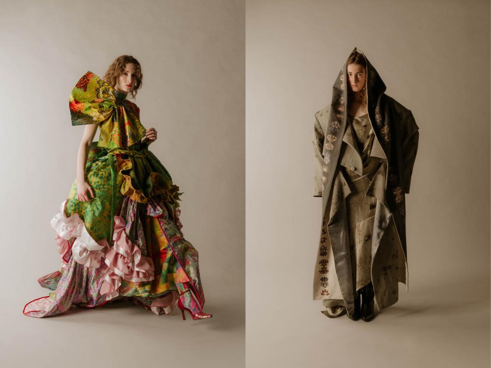 two photos of female models in high fashion pieces created by ECA students