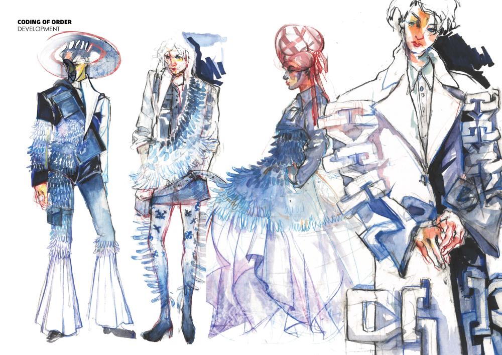 conceptual drawings of fashion pieces in mostly blue colours, including flared pants and angular jackets