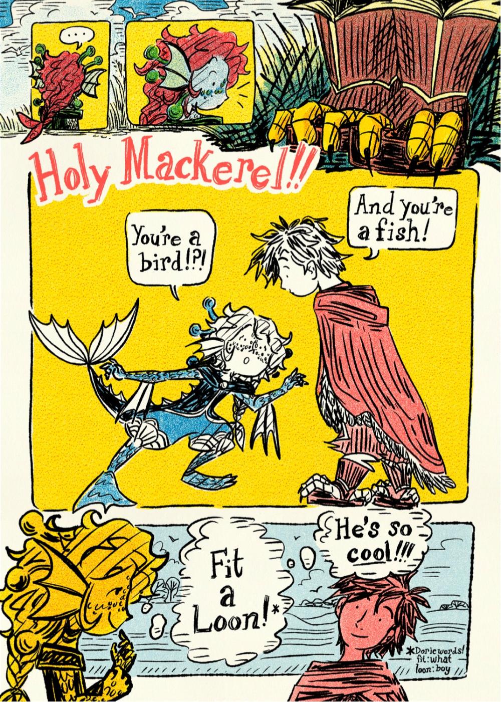 One page of a drawn comic book, featuring an aquatic person and a boy with talons for feet in a cloak. 