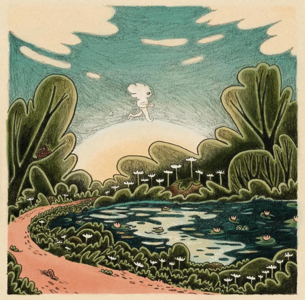 An illustration of a fantastical landscape scene, with a pond and a path curving round it with trees in the background. There is a sunset with a little person walking over the lines of the sunset in the sky.