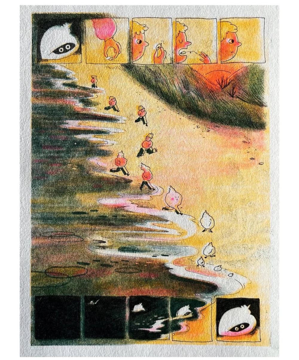 An illustration in fine-line and watercolours of a beach scene. There is a little cartoon alongside it of a person picking up a shell and eating it.