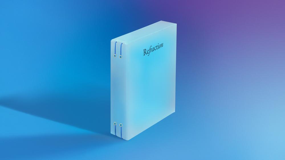 A 3D graphic design concept of a light blue cuboid with the word Refraction on the front, before a blue and purple background.