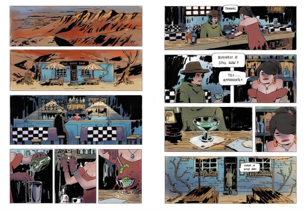 An excerpt from a comic book, depicting an isolated bar in a desert location, with a short conversation between a mysterious stranger and a female bartender. 
