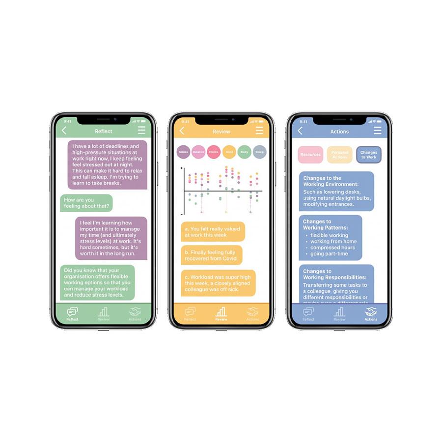 Three iphone screens mocked up to show different messages as part of the Supporting healthy ageing at work project.