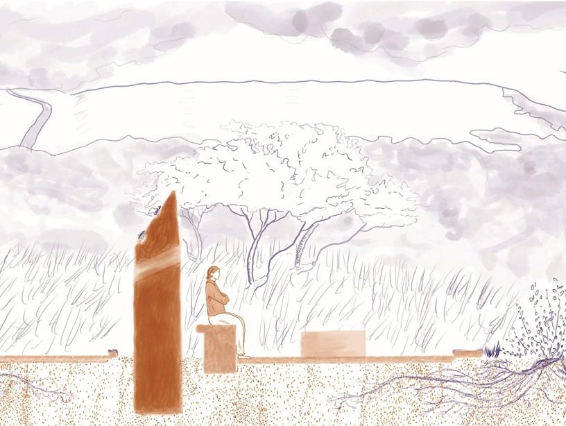 line drawing of an outdoors landscape in grey and orange, showing a person sitting on a bench