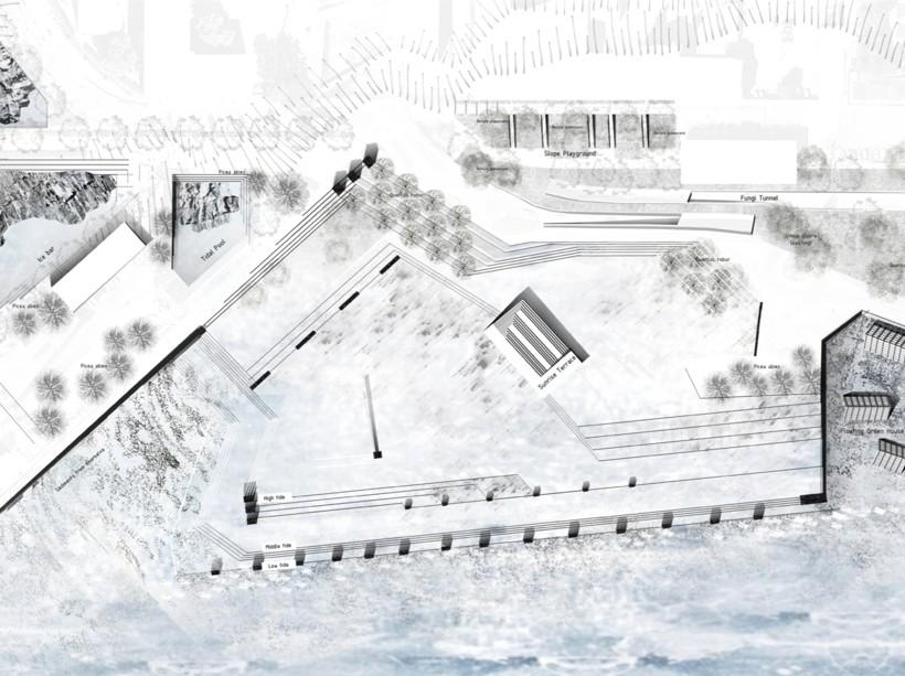 line drawing of a conceptual redesigning of an urban area