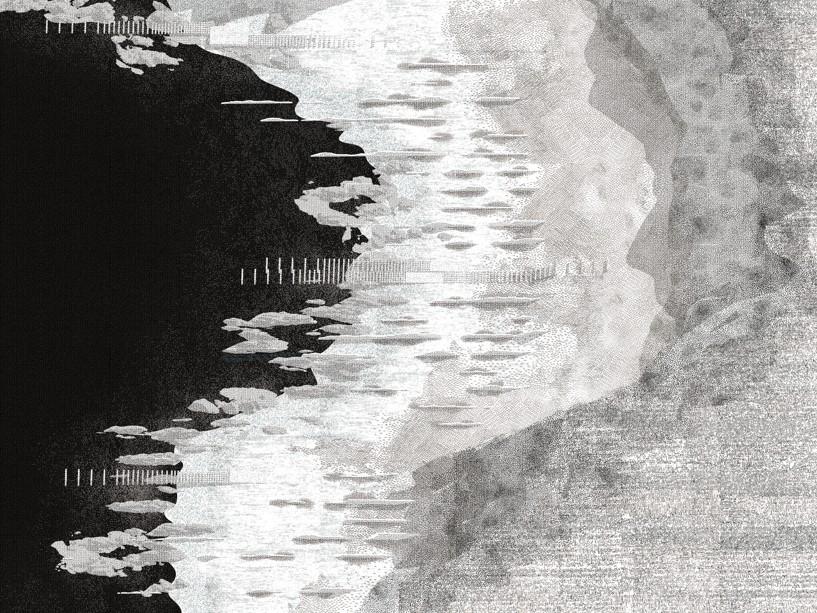 graphic black and white image of a coastline 