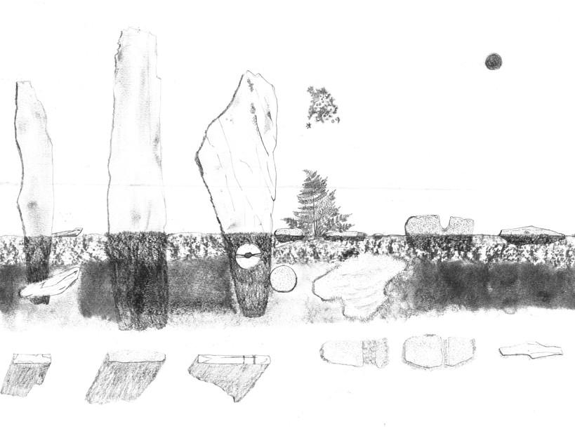 a drawing of a cross section of a piece of land with standing stones