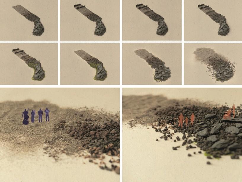 close up photographs of soil and rocks, with small people edited into the image to look like they're travelling over the soil