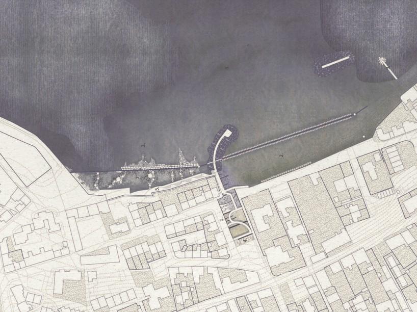 line drawing of a coastline and the buildings in the town